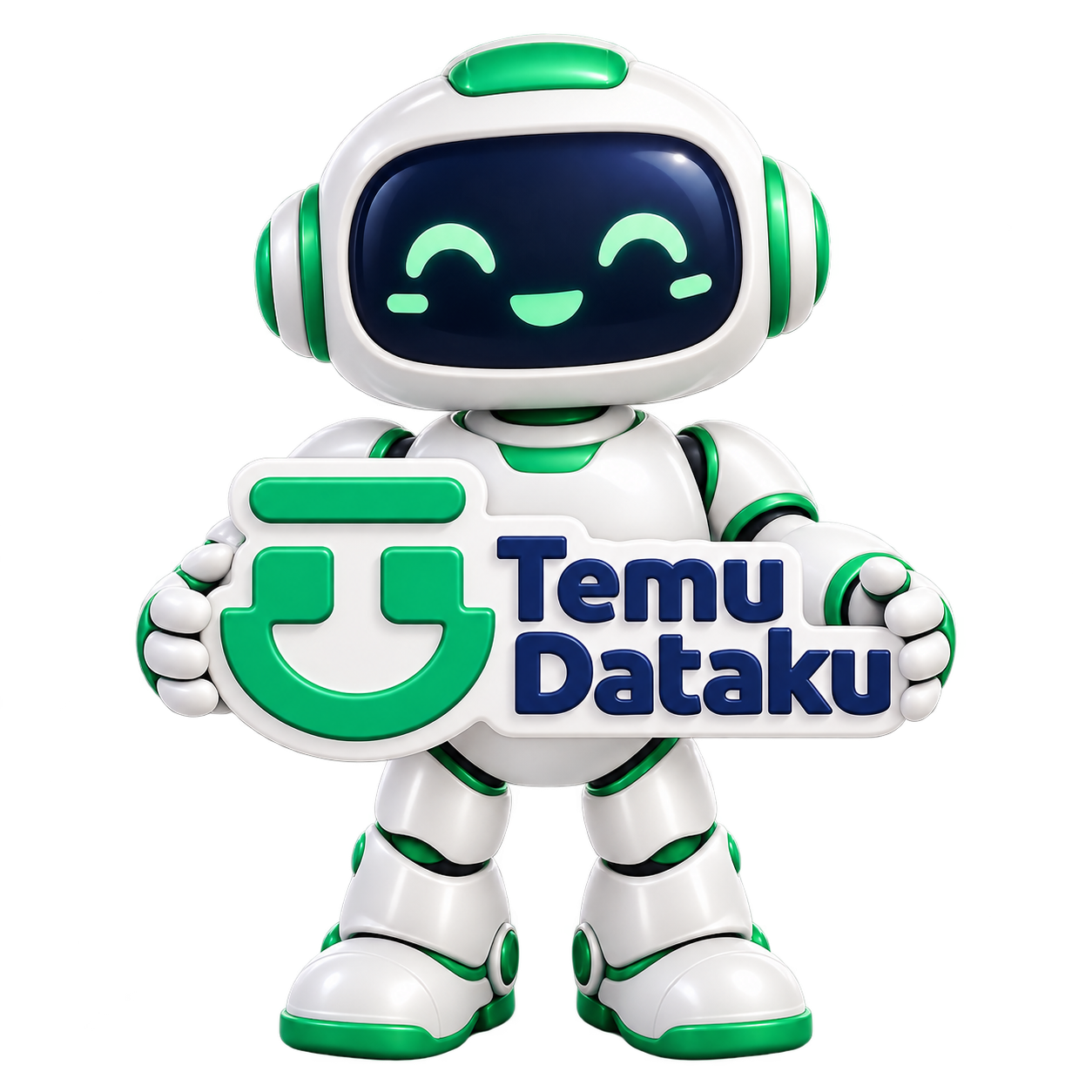 Maskot robot 3D putih dan hijau membawa logo TemuDataku